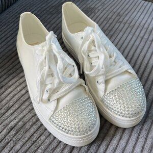 Lulus Glitzzy White Rhinestone Platform Bridal Sneakers